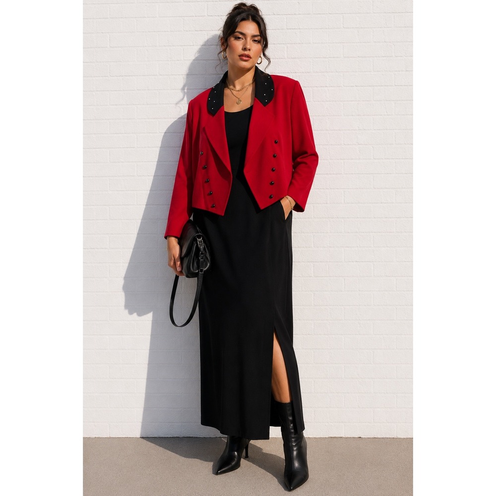 Vintage Dawn Joy II Red Black Rayon Dress Jacket Set Studded Evening 22W‎